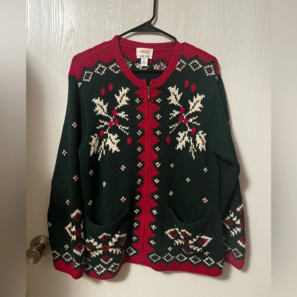 Vintage Talbots Hand Knit Holly Festive Green Red Women's Zip-Up Cardigan Med